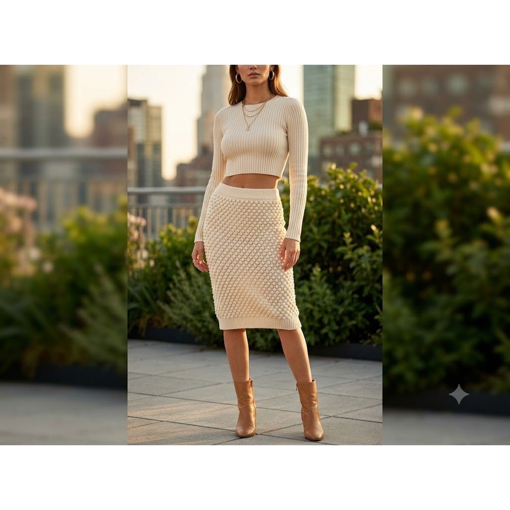 Bebe Knitted‎ Pencil Skirt Medium Cream beige